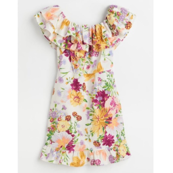 NEW! H&M Flounced Off-the-Shoulder Floral White
Linen Dress, Size Small NWT - Picture 1 of 7